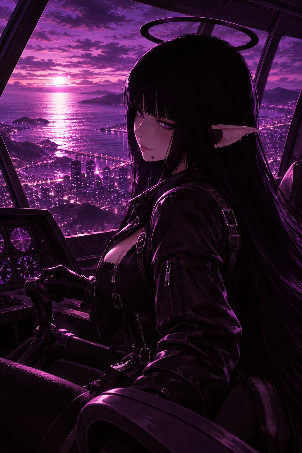 The mischievous haloed pilot at the controls of a helicopter at purple dusk