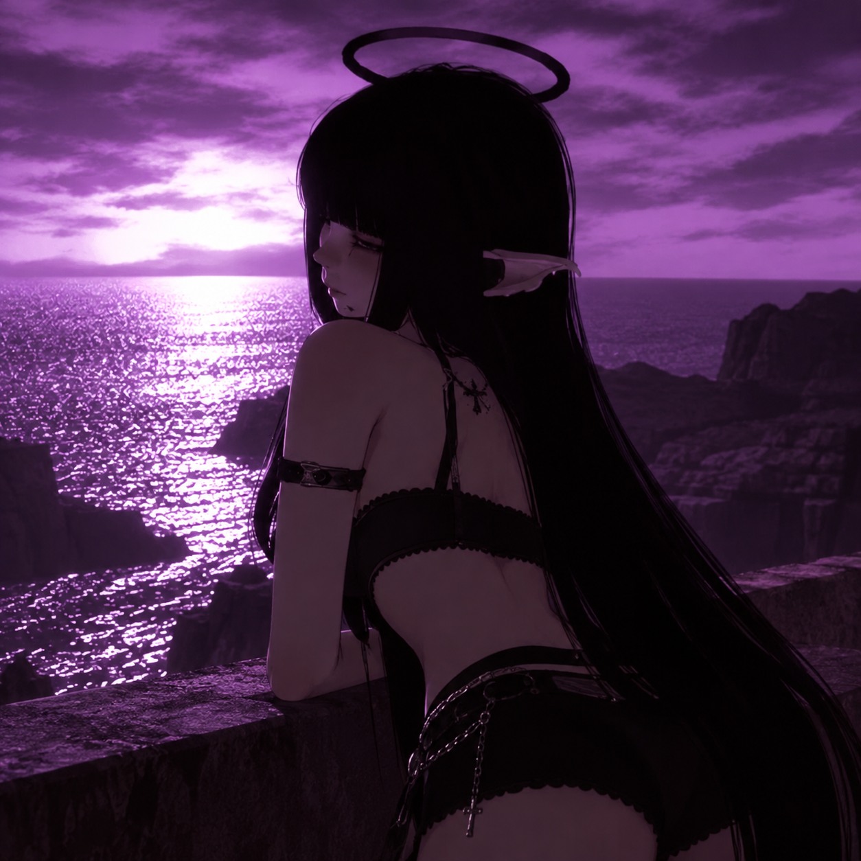 Black-haired elf with a dark halo looking over a glowing purple sea