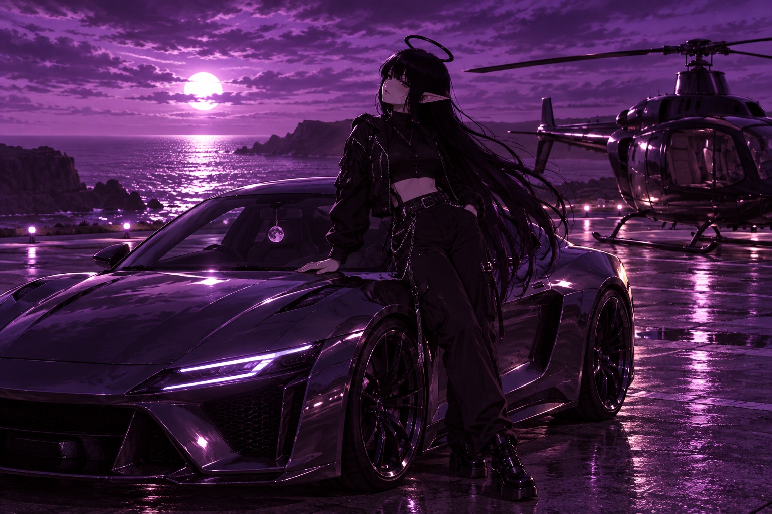 The pilot leaning against her electric sports car beside a helicopter on a violet runway